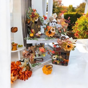 Fall Birdhouse/Crate Arrangement/Rustic Autumn Decor/tier tray/fake bake/candy/Marshmallow/Thanksgiving/floral/candy/cuties/wood sign