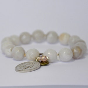 Pray for Us Cancer Bracelet; White Agate 10mm round faceted gemstone beads; St. Peregrine