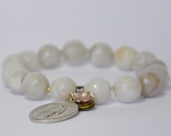 Pray for Us Cancer Bracelet; White Agate 10mm round faceted gemstone beads; St. Peregrine