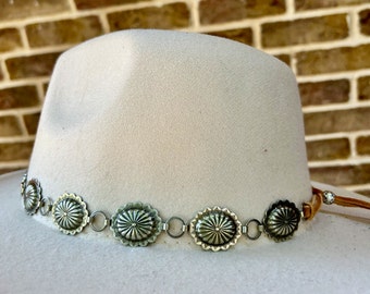 Silver Concho Hatband, Adjustable Suede Leather Tie