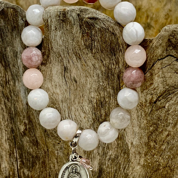 St. Peregrine bead bracelet; Pray for Us Cancer Bracelet; White Agate bead bracelet; Cancer support jewelry;