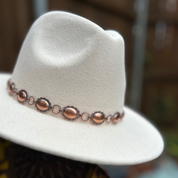 Hatband; Hat jewelry; copper concho hatband; hat band; leather hatband; hat band for women; leather hat band; rodeo hatband