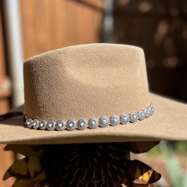 Turquoise Concho Hatband: Silver Rodeo Hat Band with Suede Tie