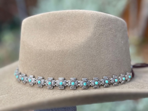 Turquoise Cross Concho Hatband, Adjustable Leather Tie