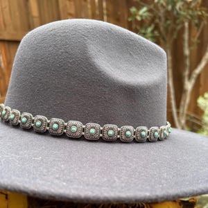 Puede incluir: Un sombrero fedora gris con una banda decorativa con detalles cuadrados de metal plateado y piedras de color turquesa. El sombrero tiene un ala ancha y un dise&ntilde;o cl&aacute;sico de inspiraci&oacute;n occidental.