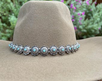 Hatband; Silver and turquoise concho; scallop silver concho hatband; turquoise; hat band; leather hatband; concho hat band; rodeo hatband