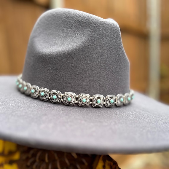 Turquoise Concho Hatband: Silver, Suede Leather, Adjustable, square concho