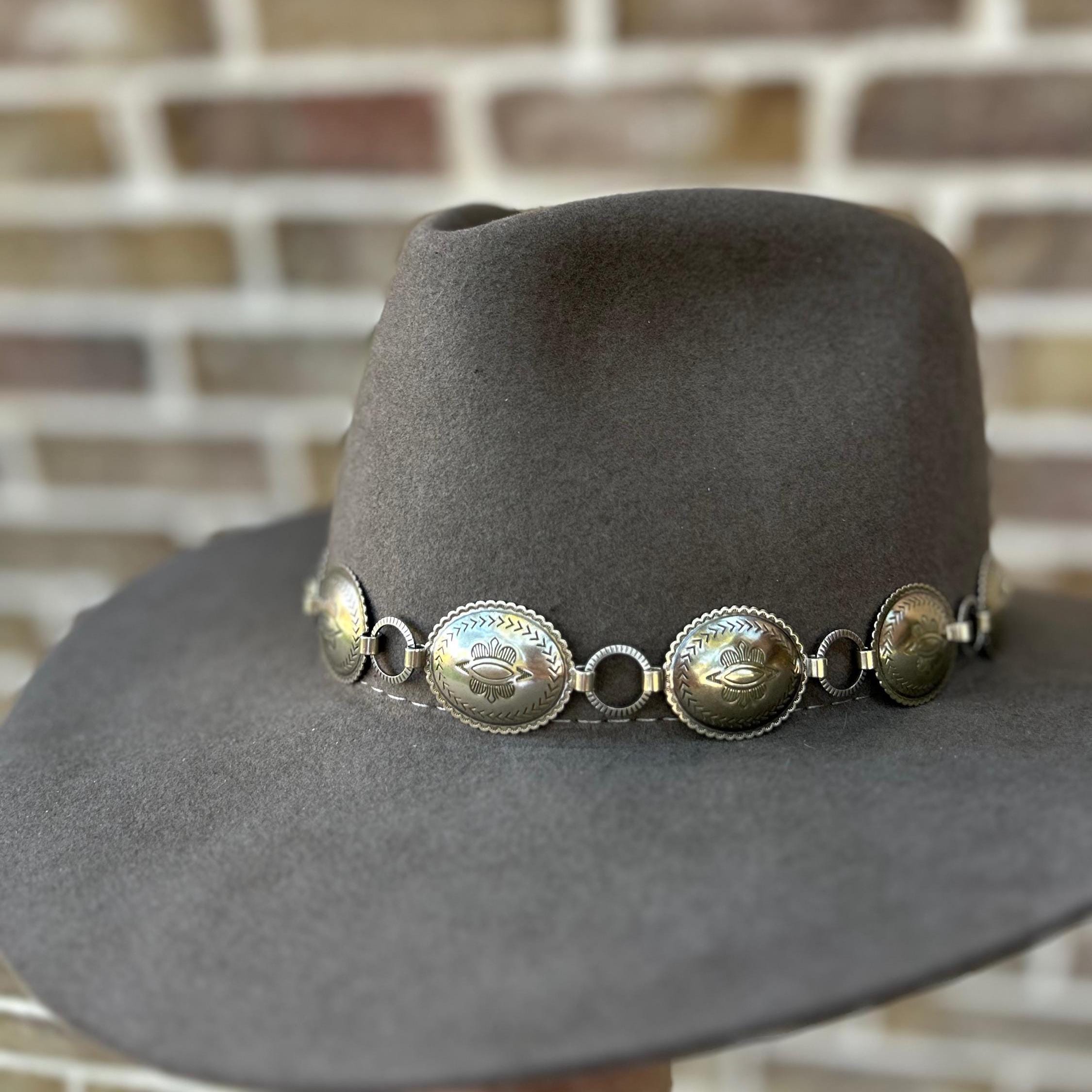 Hatband; Hat jewelry; silver concho hatband; hat band; leather hatband; concho hat band; leather hat band; rodeo hatband; nickel