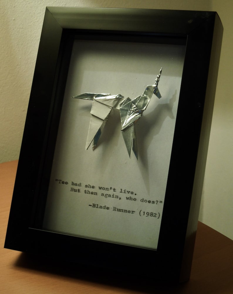 Gaff's Blade Runner Origami Unicorn and Hand Typed Quote in a 4x6 10x15cm Box Frame image 4