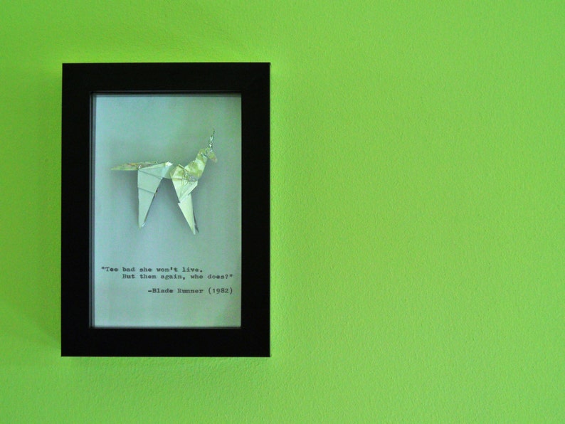 Gaff's Blade Runner Origami Unicorn and Hand Typed Quote in a 4x6 10x15cm Box Frame image 2