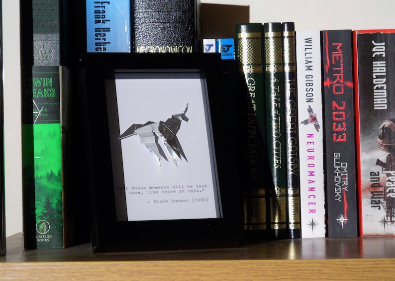 Gaff's Blade Runner Origami Unicorn and Hand Typed Quote in a 4x6 10x15cm Box Frame image 1