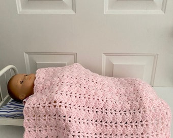 15" Doll  Blanket - Light Pink Shell Crochet Doll Blanket, Coverlet