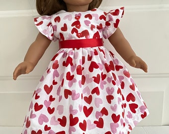 18" Doll Dress - Red and Pink Hearts Valentine Dress fits dolls such as American Girl Dolls and similar 18" dolls