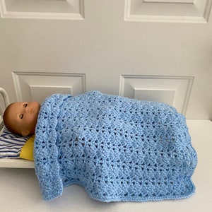 15&quot; Doll  Blanket - Light Blue Shell Crochet Doll Blanket, Coverlet