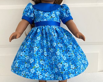 18" Doll Dress - Blue Floral with Short Sleeves with band fits American Girl Dolls and other similiar dolls