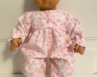 15” Doll Onesie/Sleeper - Pink Flower  Flannel Footed Onesie/Sleeper  fits Bitty Baby and similar 15"  Dolls