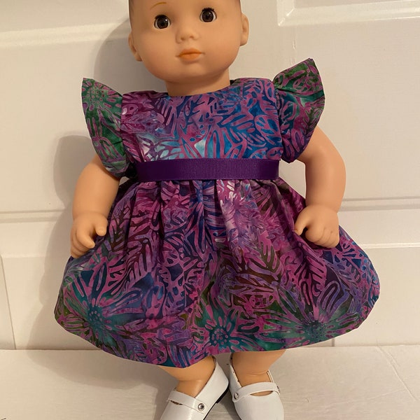 15" Doll Dress -  Batik Purple and Blue Print Material   Doll Dress Fits 15" Dolls such as Bitty Baby and Similar 15" dolls