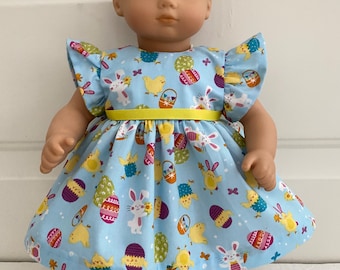 15” Doll Dress - Blue with Chicks, Rabbits and Eggs Easter Doll Dress fits dolls such as Bitty Baby and Similar 15” Dolls