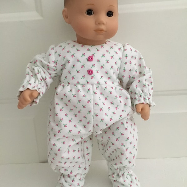 15” Doll Onesie/Sleeper - Pink Rose Buds Flannel Footed Onesie/Sleeper  fits Bitty Baby and similar 15"