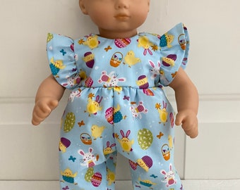 15” Doll Pajamas -  Blue with chicks , rabbits, eggs Easter Romper,Playsuit, Jumper, fits 15" Dolls such as Bitty Baby and Similar 15” Dolls