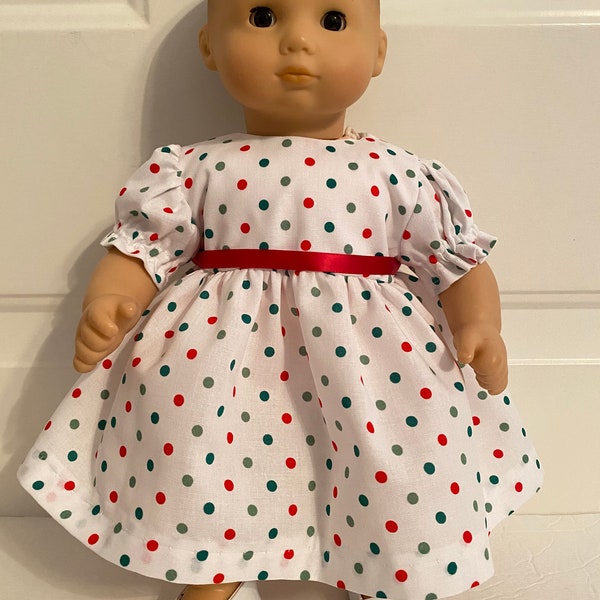 15" Doll Dress - White with Red and Green  Dots Doll Dress Fits Dolls Such as Bitty Baby and Other 15" doll