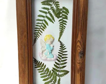 Handmade Sweet Baby Angel Amid Dried Fern Leaves in Vintage Solid Wood Shadow Box Dried Flower Wall Decor  Framed Art