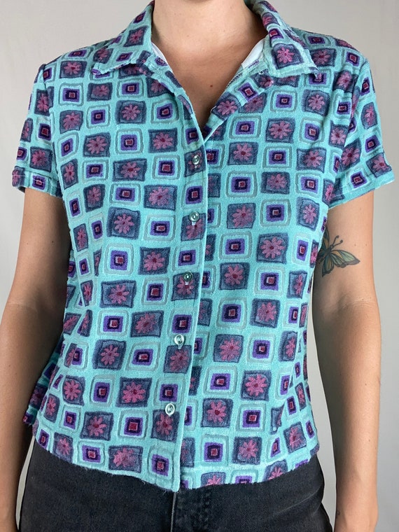 90s Flower Power Top Button Down Square Nineties … - image 3