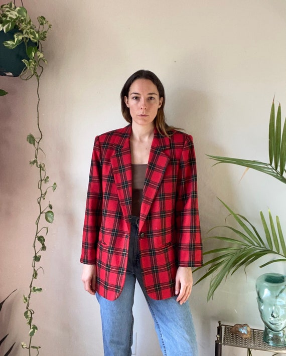 Vintage Red Plaid Blazer 80s 90s Shoulder Pads Sag