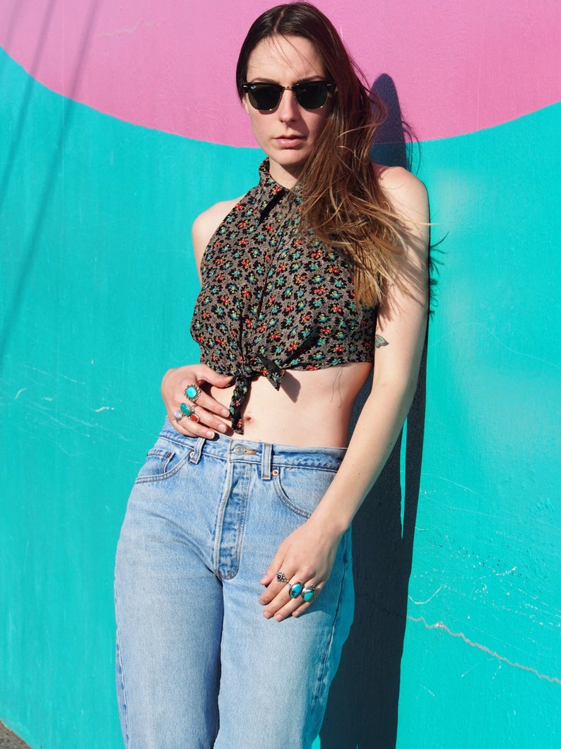 90/'s The Limited Floral Crop Top Tie Front Vintage Cropped Retro Nineties 90s Grunge Summer Buttonup