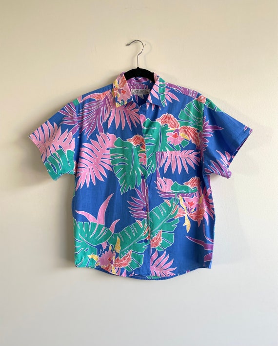 Vintage 80s Hawaiian Shirt Retro Boat Summer Butto