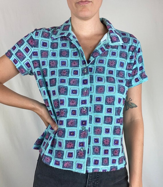 90s Flower Power Top Button Down Square Nineties … - image 6