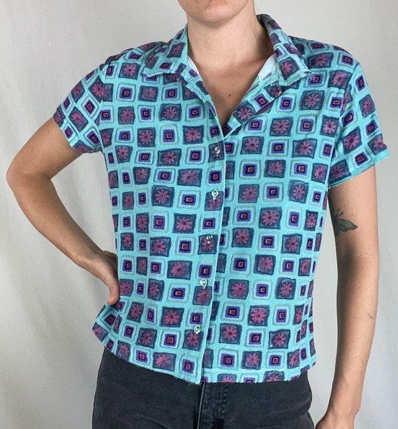 90s Flower Power Top Button Down Square Nineties … - image 1