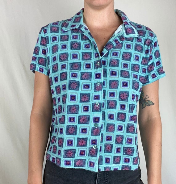 90s Flower Power Top Button Down Square Nineties … - image 2