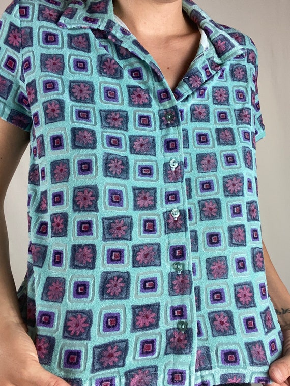 90s Flower Power Top Button Down Square Nineties … - image 8