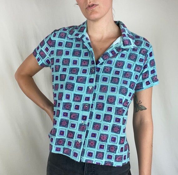 90s Flower Power Top Button Down Square Nineties … - image 7