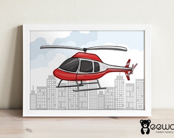 May include: A red and white helicopter flying over a city skyline. The helicopter has a black cockpit and a white tail.