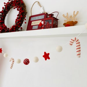 Christmas Red and White Needle Felt Star, Bauble & Candy Cane Garland - Scandi Christmas - Traditional Christmas - Christmas Bunting