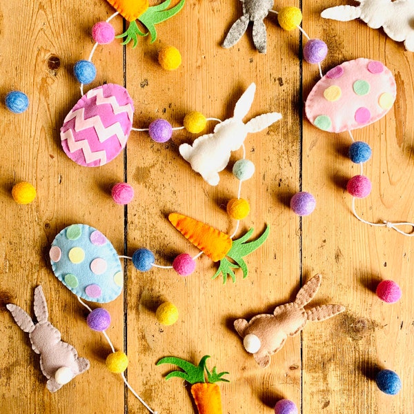 Handmade Pastel Felt Filled Easter Garland - Bunny, Carrot & Easter Egg Felt Bunting - Easter Decoration - Easter Banner - Easter Bunting