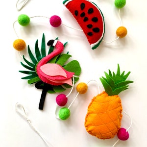 Handmade Tropical Summer Garland - Summer Bunting - Pineapple, Watermelon, Tropical Leaf & Flamingo Garland - Bright Summer Pom Pom Bunting