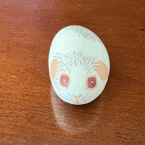 Puede incluir: Una piedra pintada a mano que representa un hámster azul claro con ojos rosados y orejas naranjas. La piedra está pintada para que parezca pelaje.