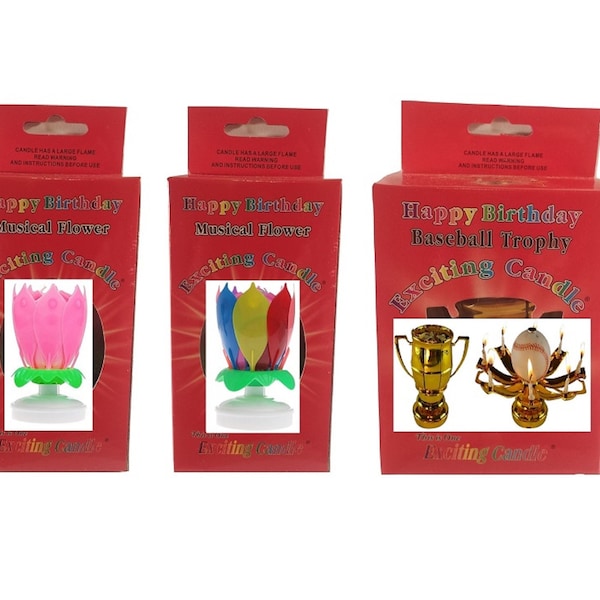 3 Pack Lotus Flower Musical Happy Birthday Exciting Candles, Both Flower and Sport Ball Birthday Candle Styles. Our Price INCLUDES SHIPPING