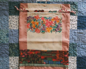 Large Embroidered Lined Draw-Sting Bag/Sack | Handmade with Vintage Fabric