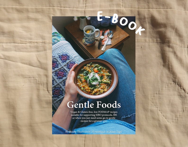 K&ouml;nnte beinhalten: Ein E-Book-Cover mit dem Titel "Gentle Foods" zeigt eine Sch&uuml;ssel Suppe mit Sahneh&auml;ubchen. Der Text beschreibt vegane, glutenfreie und Low-FODMAP-Rezepte. Im Hintergrund ein Tisch mit einer Tasse und einer gemusterten Decke.