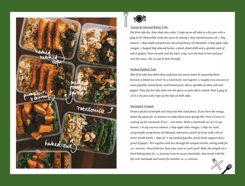 K&ouml;nnte beinhalten: Ein Foto von mehreren transparenten Plastikbeh&auml;ltern, die mit verschiedenen veganen Fertiggerichten gef&uuml;llt sind. Zu den Gerichten geh&ouml;ren Kr&auml;utertofu, K&uuml;rbis und Rote Bete, Senf-R&ouml;mersprossen, Ratatouille und Kr&auml;uterreis. Das Bild enth&auml;lt auch ein Rezept f&uuml;r Tamari & Mandelbutter-Tofu.