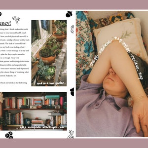 K&ouml;nnte beinhalten: Ein Collage-Bild mit Text und Illustrationen. Ein Abschnitt zeigt eine Person, die sich ausruht und den Arm &uuml;ber den Augen hat, die Worte "nap rest release" sind auf das Bild geschrieben. Weitere Abschnitte zeigen einen Kr&auml;utergarten und ein B&uuml;cherregal.