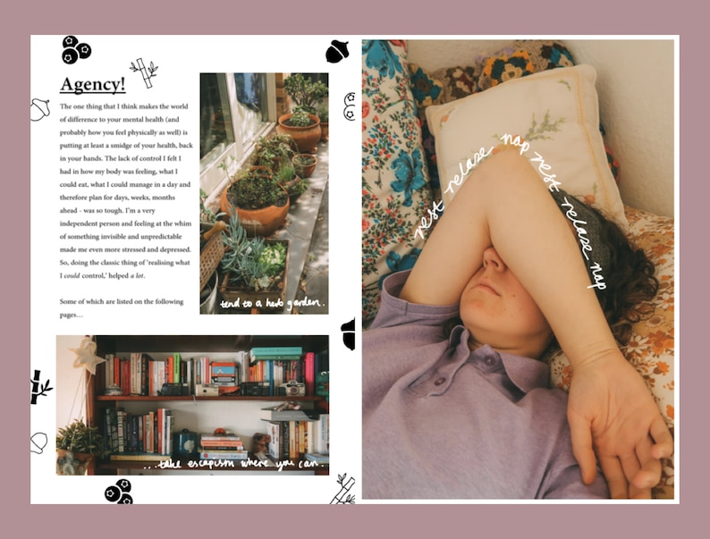 K&ouml;nnte beinhalten: Ein Collage-Bild mit Text und Illustrationen. Ein Abschnitt zeigt eine Person, die sich ausruht und den Arm &uuml;ber den Augen hat, die Worte "nap rest release" sind auf das Bild geschrieben. Weitere Abschnitte zeigen einen Kr&auml;utergarten und ein B&uuml;cherregal.