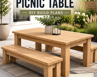 Moderne boerderij picknicktafel plannen | Zelfgemaakte buitentafel en bank PDF | Houtbewerkingsproject voor beginners | Patio eettafel gebouwd
