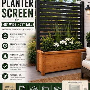 Può includere: Un progetto fai-da-te di fioriera con schermo per la privacy, con una cassetta in legno naturale e uno schermo nero alto a doghe orizzontali. Il testo recita DIY PRIVACY PLANTER SCREEN 122 cm DI LARGHEZZA x 183 cm DI ALTEZZA. Le dimensioni finite sono 183 cm di altezza, 122 cm di larghezza e 41 cm di profondità.