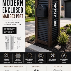 May include: A DIY build plan for a modern enclosed mailbox post featuring a dark stained wood frame and black corrugated metal panels. The design includes a standard mailbox, large vertical address numbers 4278, and a 152 by 61 by 46 cm size.