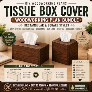 Puede incluir: Un conjunto de planos de carpintería DIY para una funda de caja de pañuelos, con estilos rectangular y cuadrado. Incluye diagramas y medidas: rectangular 27,3 cm de largo, 14,6 cm de ancho, 14,6 cm de alto; cuadrado 14 cm de ancho, 14 cm de profundidad, 14,6 cm de alto.